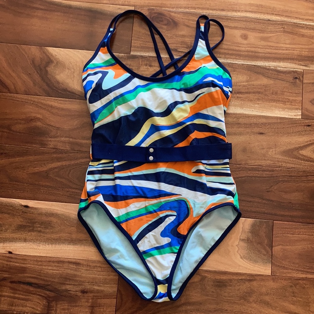 Multicolor - One piece swimsuit with removable belt. Size Small.